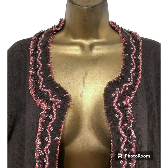 Les Copains Cardigan M Wool Cashmere Sweater Lagenlook Fair Isle Fringe Teacher - Picture 2 of 9